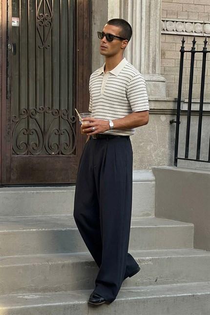 Erkek Baggy Fit Pileli Esnek Pantolon Lacivert