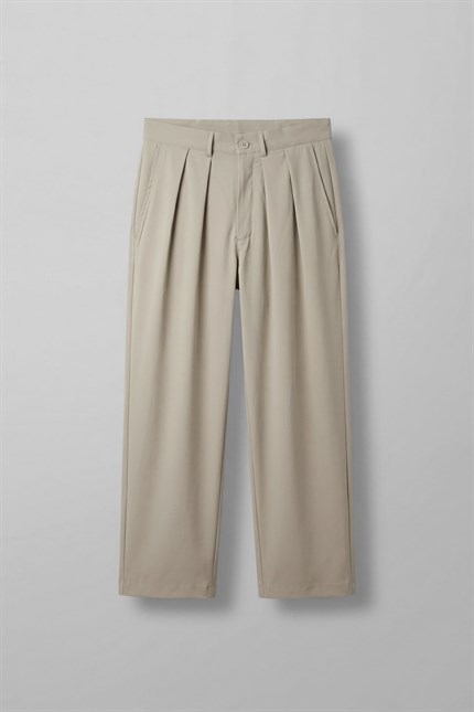 Erkek Baggy Fit Pileli Esnek Pantolon Bej