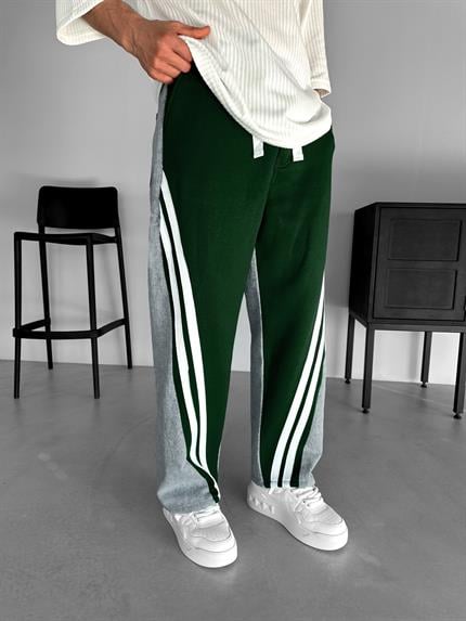 Erkek Baggy Fit Şerit Detaylı Duo Jean Yeşil