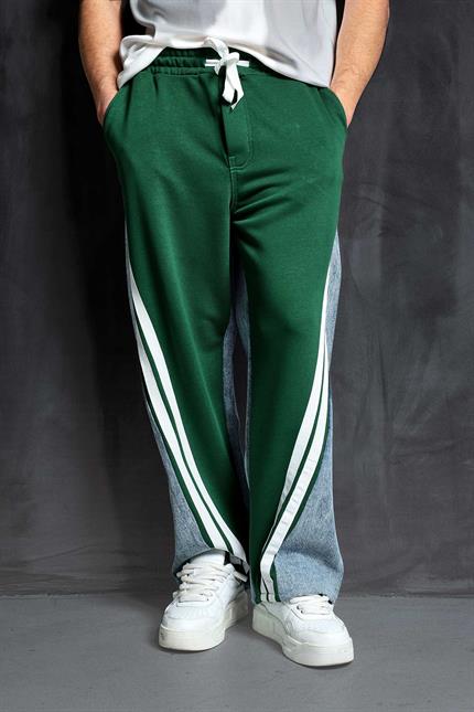 Erkek Baggy Fit Şerit Detaylı Duo Jean Yeşil