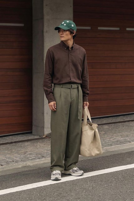 Erkek Baggy Fit Smart Casual Kemerli Pantolon Haki