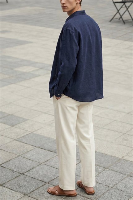 Erkek Baggy Fit Smart Casual Kemerli Pantolon Beyaz