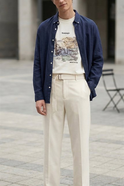 Erkek Baggy Fit Smart Casual Kemerli Pantolon Beyaz