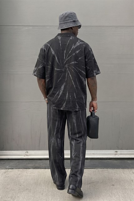 Erkek Baggy Fit Spray Desenli Lastikli Bel Pantolon Siyah