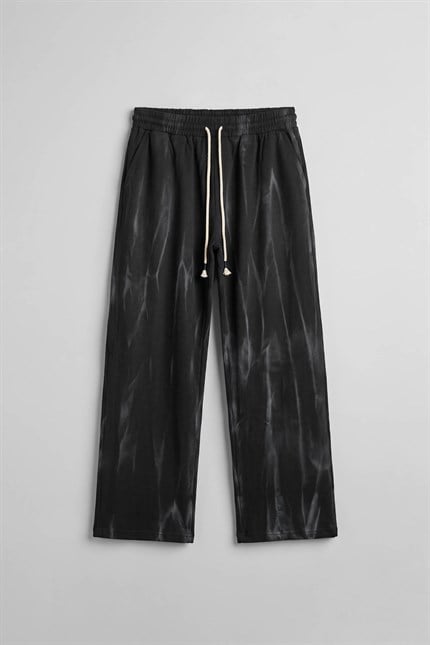 Erkek Baggy Fit Spray Desenli Lastikli Bel Pantolon Siyah