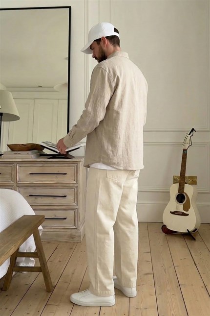 Erkek Baggy Fit Tokalı Kemer Detaylı Keten Pantolon Bej