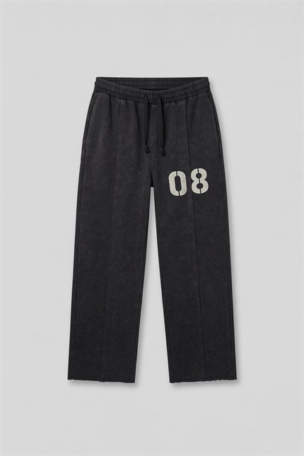 Erkek Baggy Fit Vintage Yıkamalı 08 Baskılı Eşofman Altı Siyah