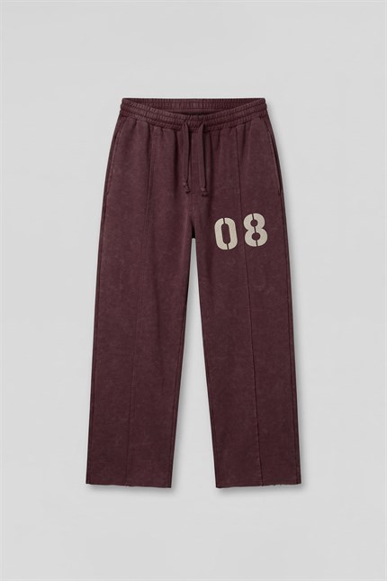 Erkek Baggy Fit Vintage Yıkamalı 08 Baskılı Eşofman Altı Bordo