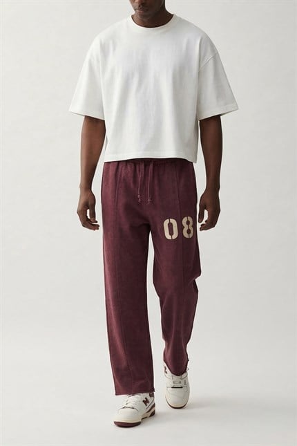 Erkek Baggy Fit Vintage Yıkamalı 08 Baskılı Eşofman Altı Bordo