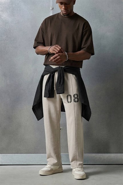 Erkek Baggy Fit Vintage Yıkamalı 08 Baskılı Eşofman Altı Gri