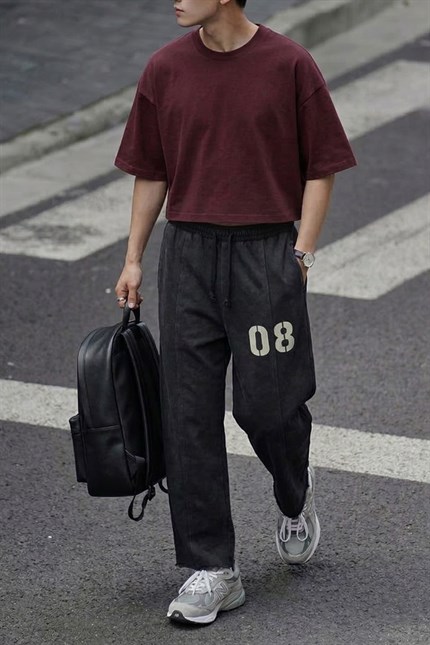 Erkek Baggy Fit Vintage Yıkamalı 08 Baskılı Eşofman Altı Siyah