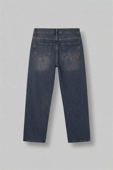 Erkek Baggy Fit Vintage Yıkamalı Jean Pantolon Lacivert
