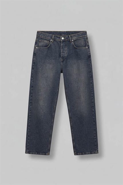 Erkek Baggy Fit Vintage Yıkamalı Jean Pantolon Lacivert