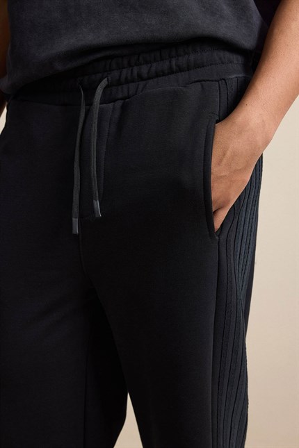 Erkek Baggy Fit Yan Şerit Fitilli Eşofman Altı Siyah