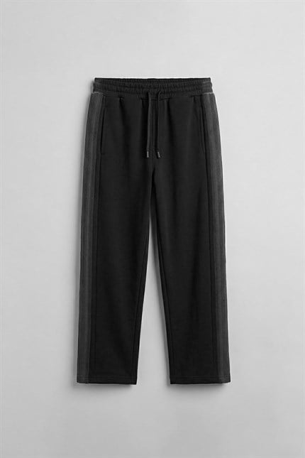 Erkek Baggy Fit Yan Şerit Fitilli Eşofman Altı Siyah