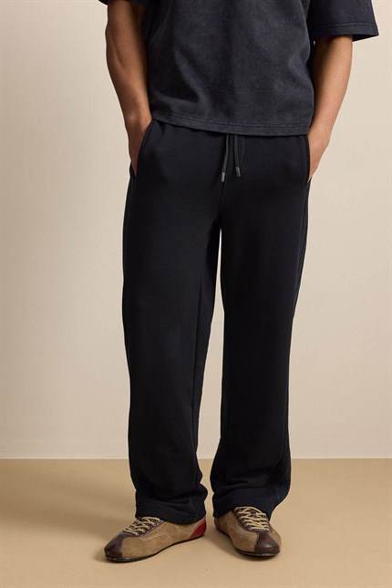 Erkek Baggy Fit Yan Şerit Fitilli Eşofman Altı Siyah