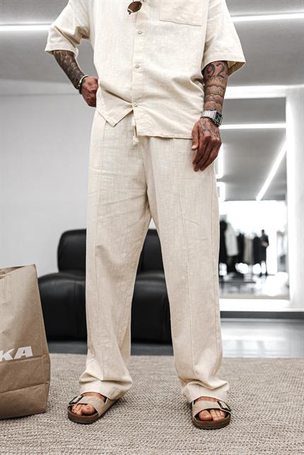 Erkek Baggy Fit Yıkamalı Beli Lastikli Pantolon Bej