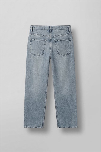 Erkek Baggy Fit Yıkamalı Düz Paça Jean Pantolon Açık Mavi