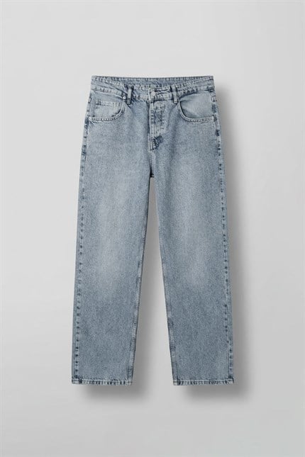 Erkek Baggy Fit Yıkamalı Düz Paça Jean Pantolon Açık Mavi