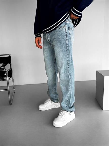 Erkek Baggy Fit Yıkamalı Jean Açık Mavi