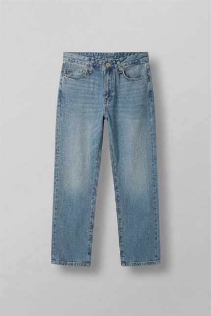 Erkek Baggy Fit Yıkamalı Jean Pantolon Mavi