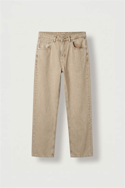 Erkek Baggy Fit Yıkamalı Jean Pantolon Bej