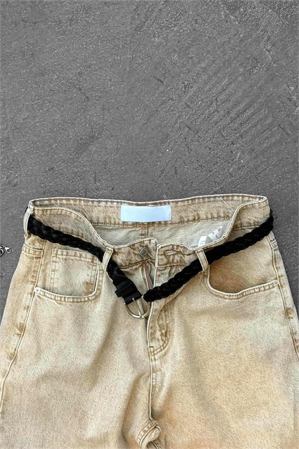 Erkek Baggy Fit Yıkamalı Jean Pantolon Bej
