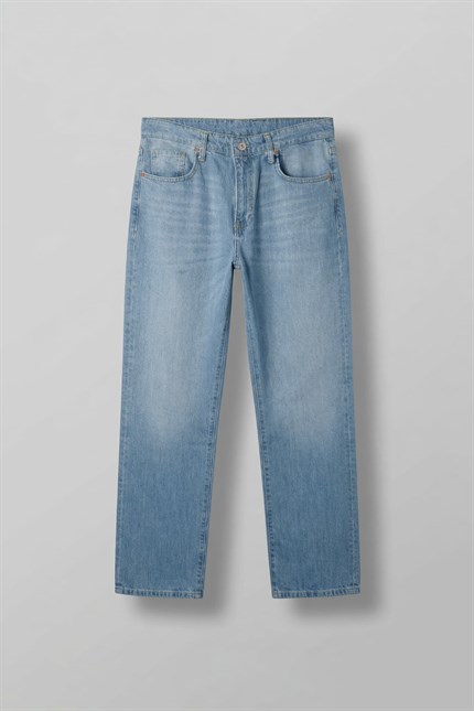 Erkek Baggy Fit Yıkamalı Jean Pantolon Açık Mavi