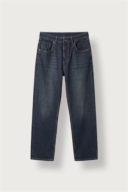 Erkek Baggy Fit Yıkamalı Kontrast Dikişli Jean Pantolon Lacivert