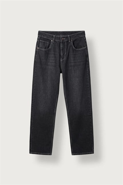Erkek Baggy Fit Yıkamalı Kontrast Dikişli Jean Pantolon Siyah