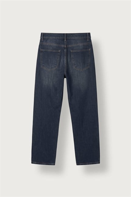 Erkek Baggy Fit Yıkamalı Kontrast Dikişli Jean Pantolon Lacivert