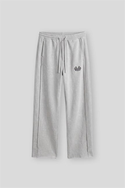 Erkek Baggy Fit Yıkamalı Nakışlı Eşofman Altı Gri