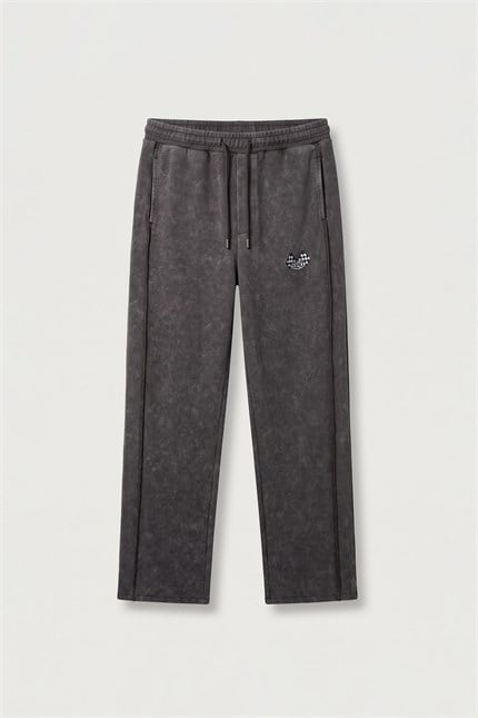 Erkek Baggy Fit Yıkamalı Nakışlı Eşofman Altı Kahverengi