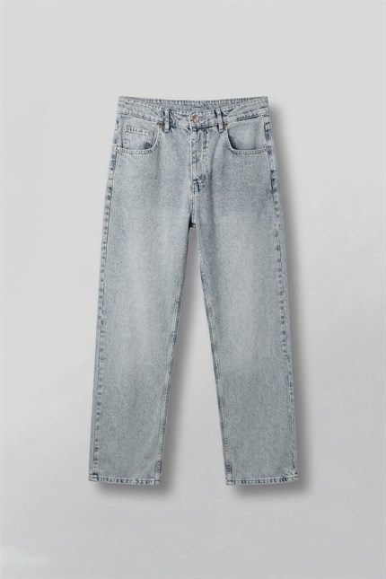 Erkek Baggy Fit Yıkamalı Rahat Kesim Jean Pantolon Buz Mavi