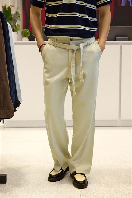Erkek Baggy Fit Yüksek Bel Kemerli Gabardin Pantolon Taş Rengi