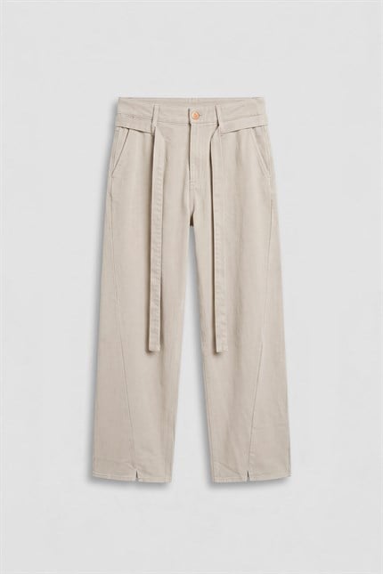 Erkek Baggy Fit Yüksek Bel Kemerli Gabardin Pantolon Taş Rengi