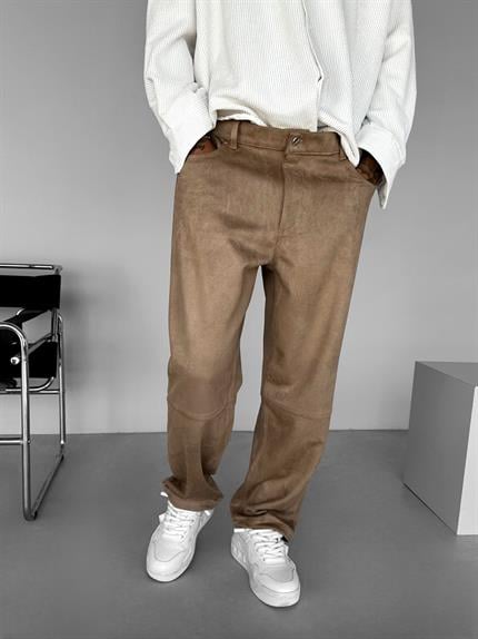 Erkek Baggy Geniş Kalıp Geniş Paça Süet Basic Pantolon Bej
