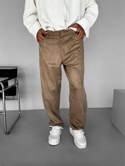 Erkek Baggy Geniş Kalıp Geniş Paça Süet Basic Pantolon Bej