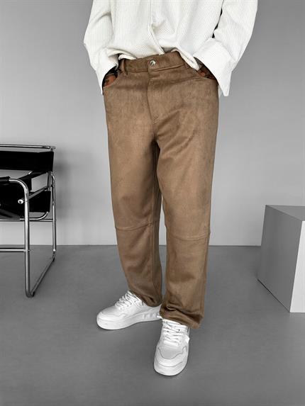 Erkek Baggy Geniş Kalıp Geniş Paça Süet Basic Pantolon Bej