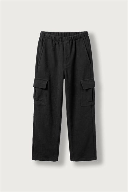 Erkek Baggy Jakarlı Dokulu Kargo Pantolon Siyah