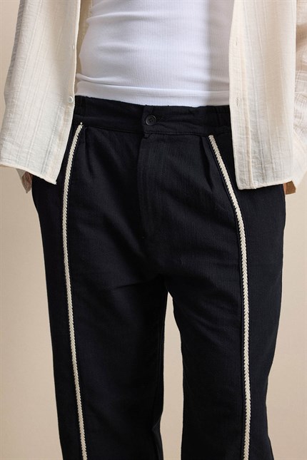 Erkek Baggy Keten Şerit Detaylı Lastik Bel Pantolon Siyah
