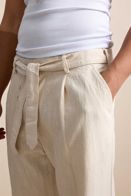 Erkek Baggy Kuşaklı Beli Lastikli Pamuklu Pantolon Bej