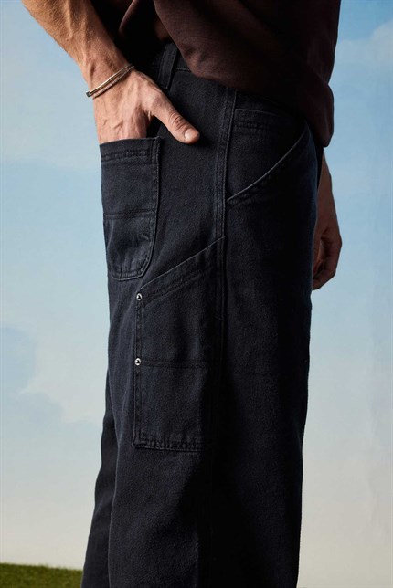 Erkek Baggy Marangoz Cepli Jean Pantolon Siyah