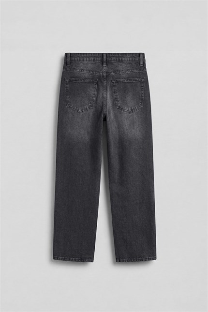 Erkek Baggy Nakış Detaylı Jean Pantolon Koyu Gri