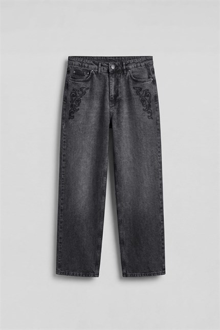 Erkek Baggy Nakış Detaylı Jean Pantolon Koyu Gri