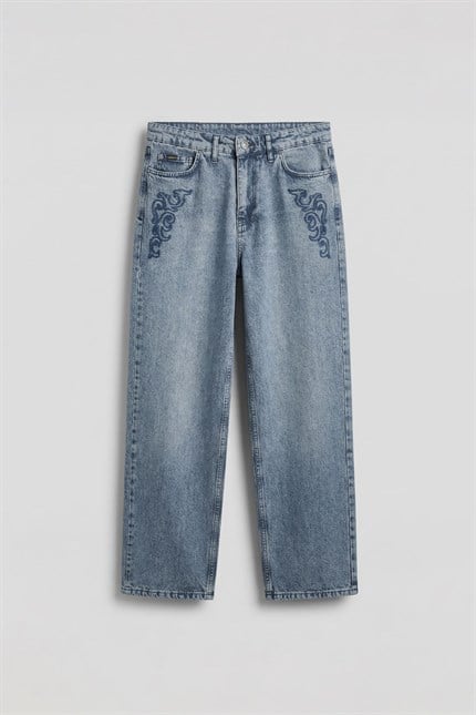 Erkek Baggy Nakış Detaylı Jean Pantolon Mavi
