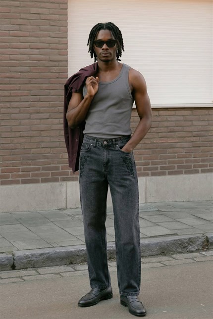 Erkek Baggy Nakış Detaylı Jean Pantolon Koyu Gri