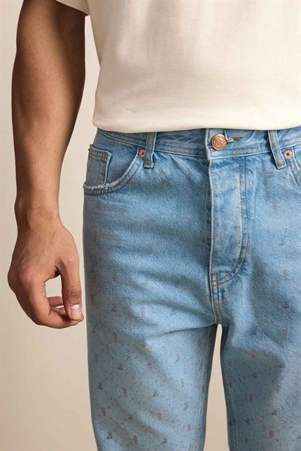 Erkek Baggy Vintage Efektli Jean Pantolon Mavi