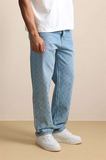 Erkek Baggy Vintage Efektli Jean Pantolon Mavi