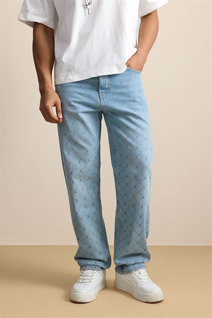 Erkek Baggy Vintage Efektli Jean Pantolon Mavi